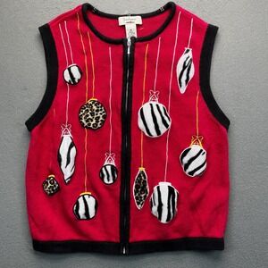 VTG Bechamel women sweater vest animal print ornament knit XL holiday zip front